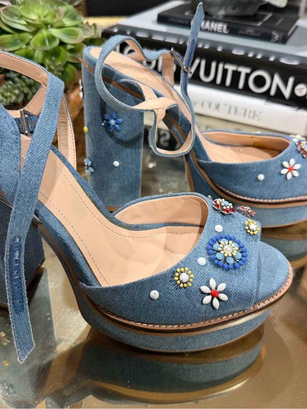 Zara Embellished Blue Denim Slingback platform Sandals size 40 - Picture 7 of 8